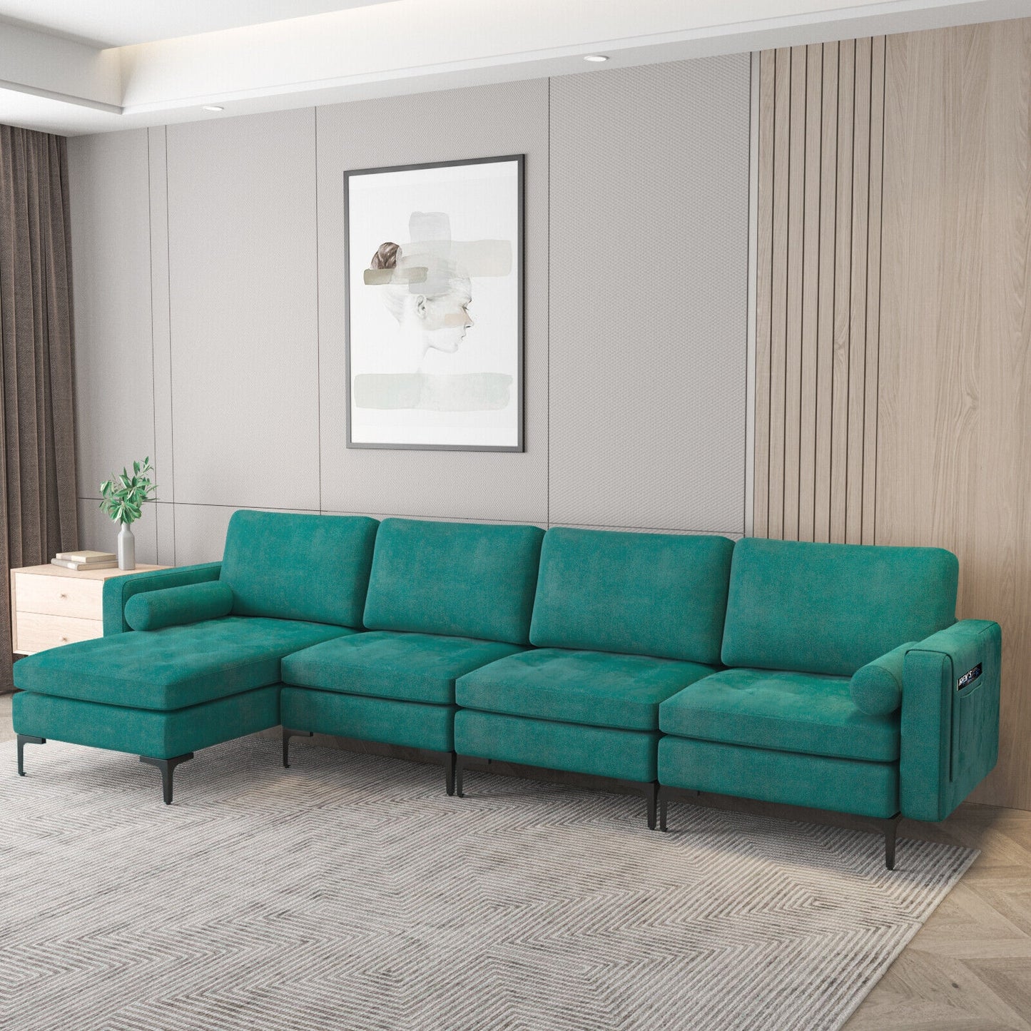 4 Seat L-Shaped Sectional with Reversible Chaise, Storage and USB Ports - Teal