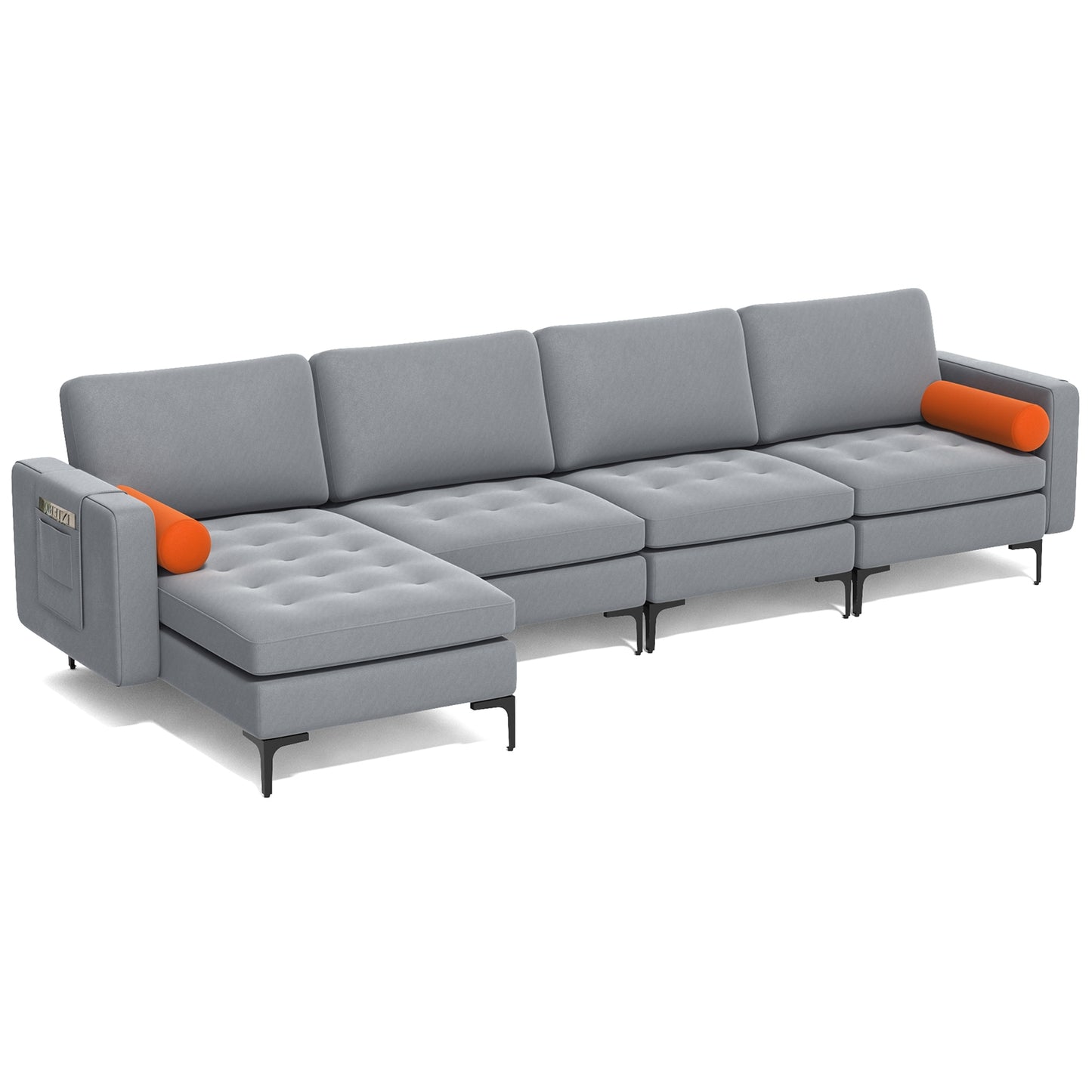 4 Seat L-Shaped Sectional with Reversible Chaise, Storage and USB Ports - Grey