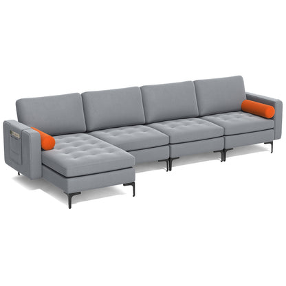 4 Seat L-Shaped Sectional with Reversible Chaise, Storage and USB Ports - Grey