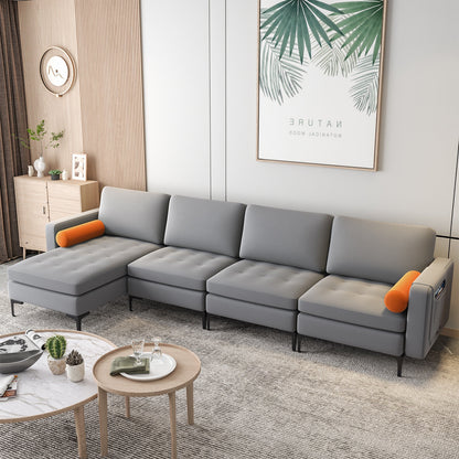 4 Seat L-Shaped Sectional with Reversible Chaise, Storage and USB Ports - Grey