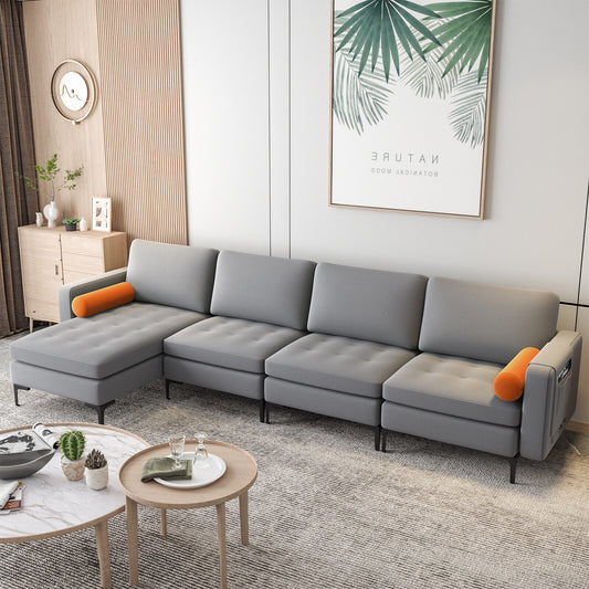 4 Seat L-Shaped Sectional with Reversible Chaise, Storage and USB Ports - Grey