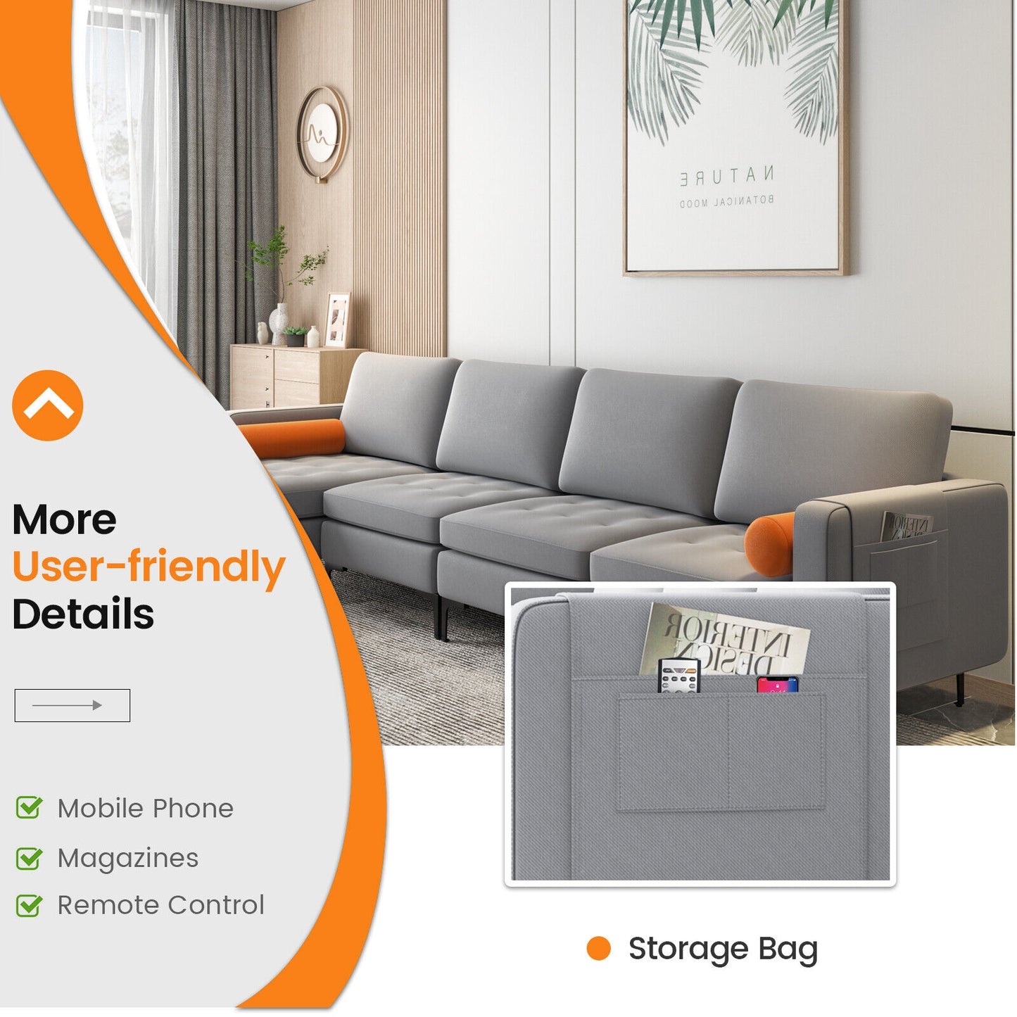 4 Seat L-Shaped Sectional with Reversible Chaise, Storage and USB Ports - Grey
