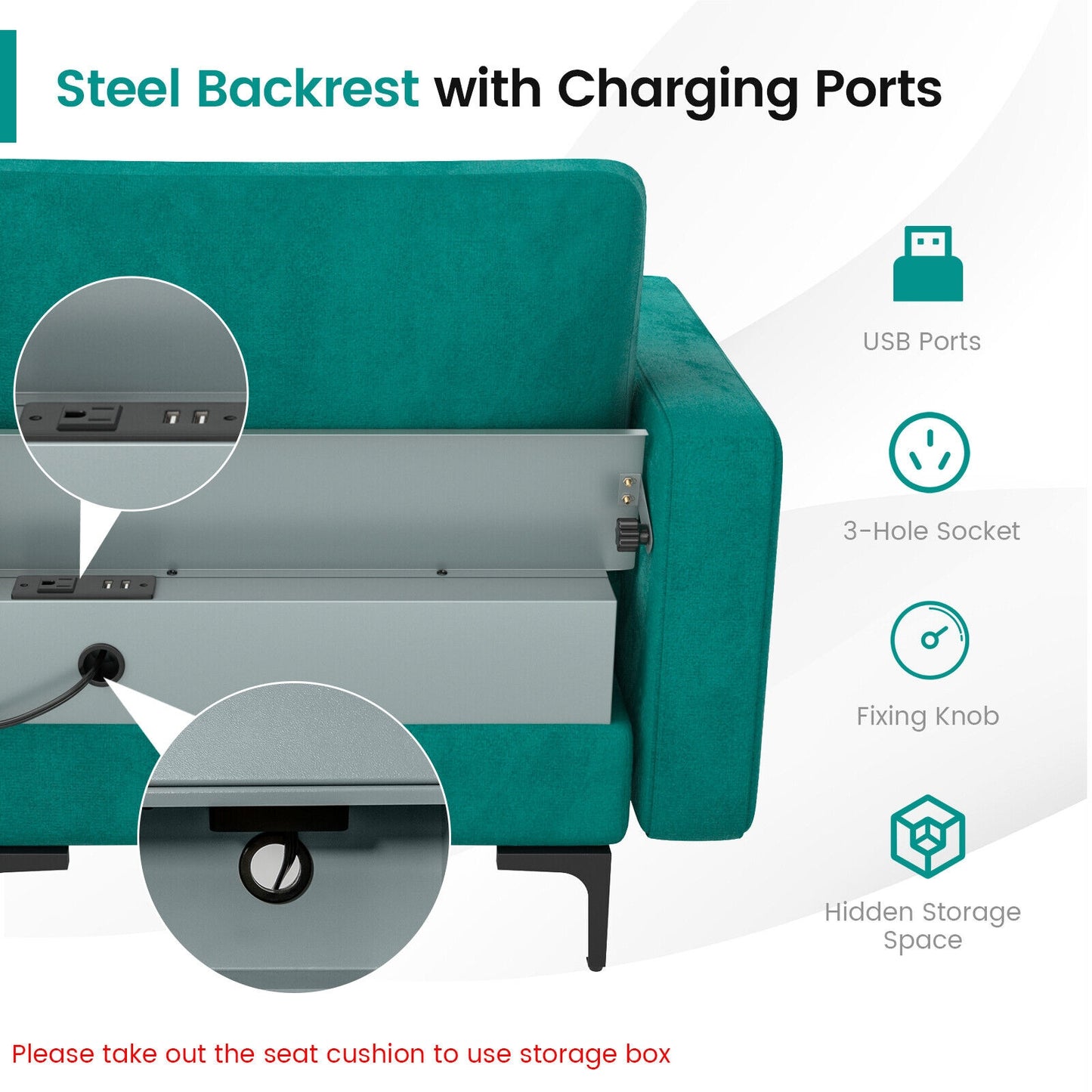 4 Seat L-Shaped Sectional with Reversible Chaise, Storage and USB Ports - Teal