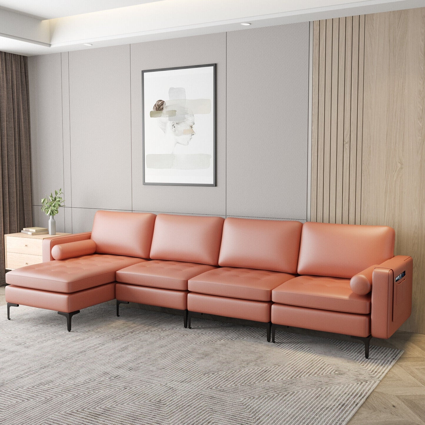 4 Seat L-Shaped Sectional with Reversible Chaise, Storage and USB Ports - Pink