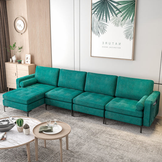4 Seat L-Shaped Sectional with Reversible Chaise, Storage and USB Ports - Teal