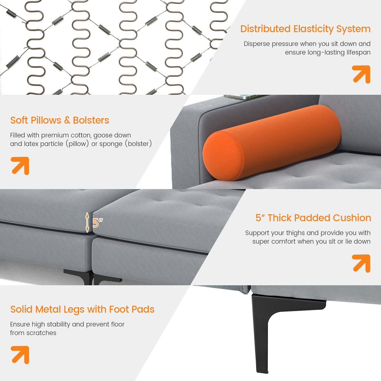 4 Seat L-Shaped Sectional with Reversible Chaise, Storage and USB Ports - Grey