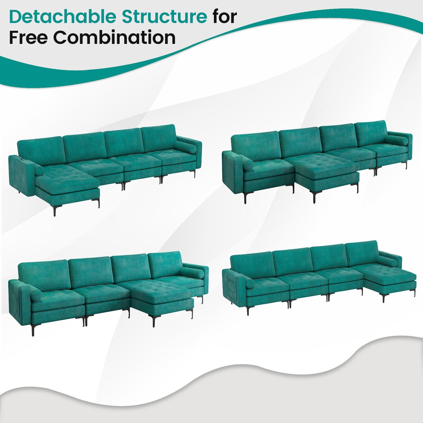 4 Seat L-Shaped Sectional with Reversible Chaise, Storage and USB Ports - Teal