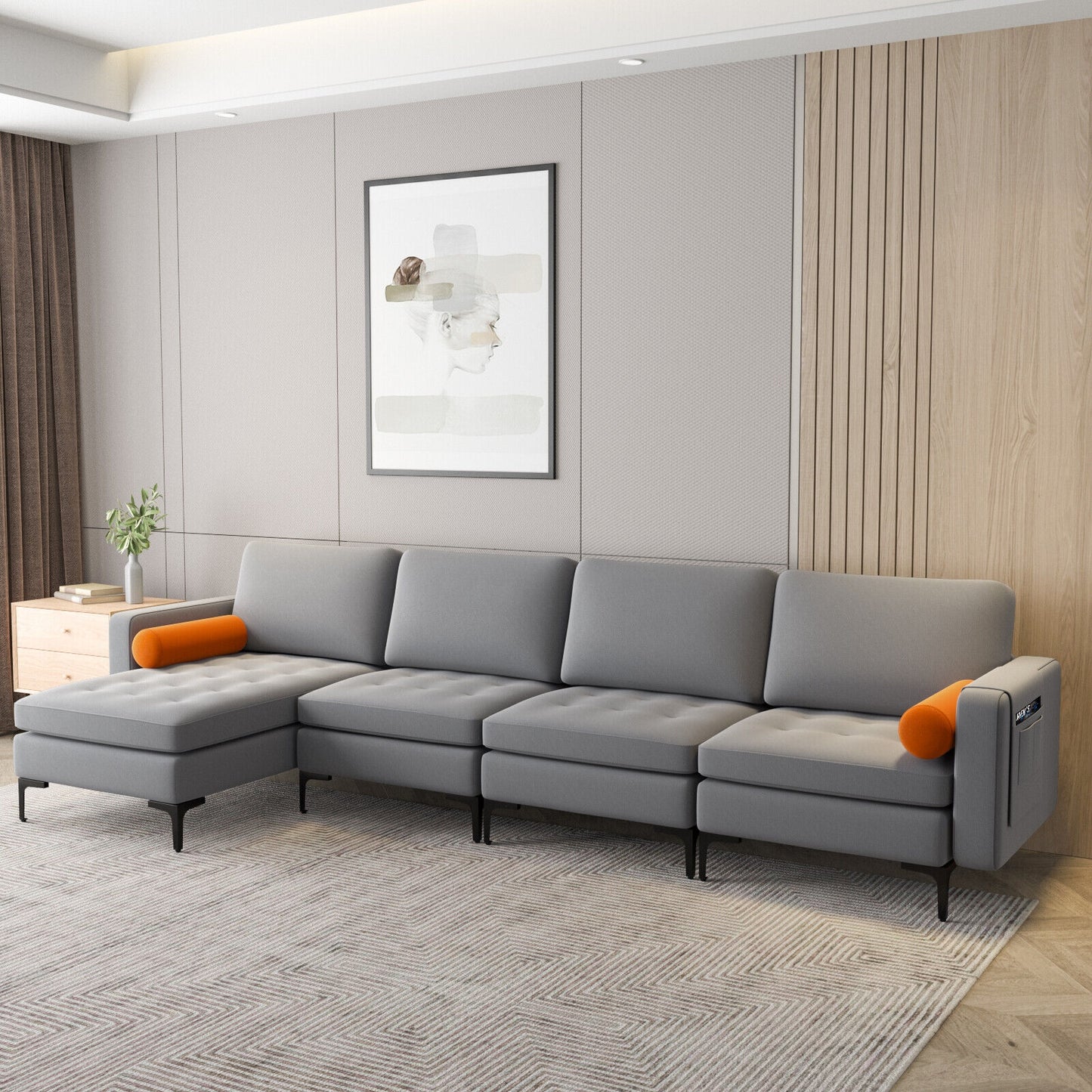 4 Seat L-Shaped Sectional with Reversible Chaise, Storage and USB Ports - Grey