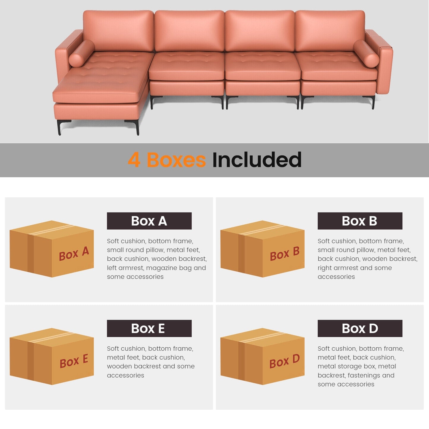 4 Seat L-Shaped Sectional with Reversible Chaise, Storage and USB Ports - Pink