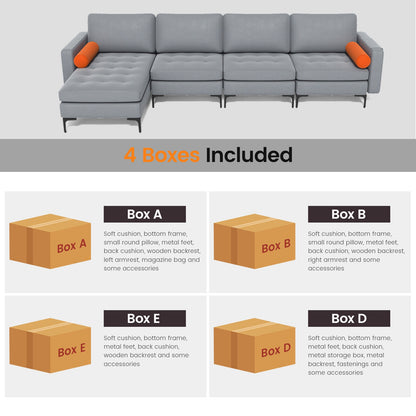 4 Seat L-Shaped Sectional with Reversible Chaise, Storage and USB Ports - Grey