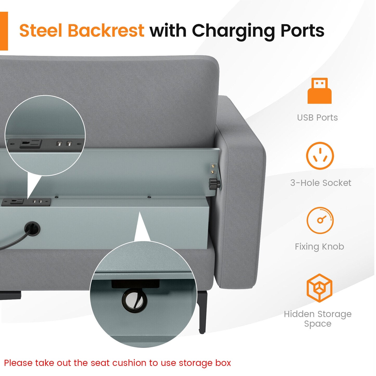 4 Seat L-Shaped Sectional with Reversible Chaise, Storage and USB Ports - Grey