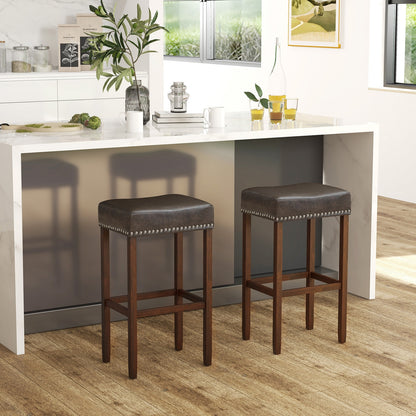 Elegant Upholstered 29.5 Inch Bar Stools Set of 2 with Ergonomic Saddle Seat and Footrests, Grey