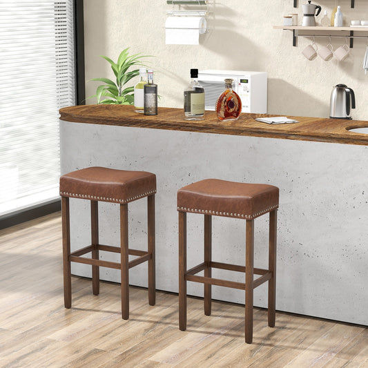 Elegant Upholstered 29.5 Inch Bar Stools Set of 2 with Ergonomic Saddle Seat and Footrests, Brown