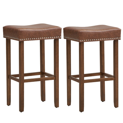 Elegant Upholstered 29.5 Inch Bar Stools Set of 2 with Ergonomic Saddle Seat and Footrests, Brown