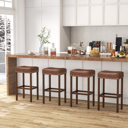 Elegant Upholstered 29.5 Inch Bar Stools Set of 2 with Ergonomic Saddle Seat and Footrests, Brown