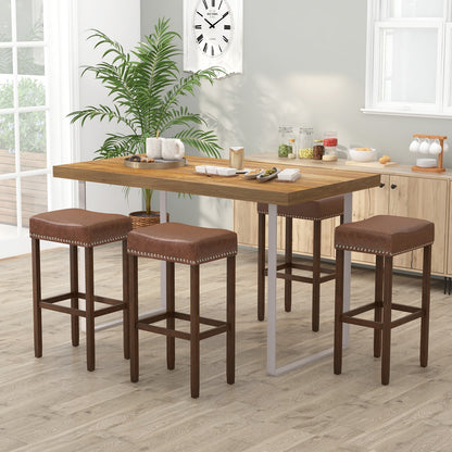Elegant Upholstered 29.5 Inch Bar Stools Set of 2 with Ergonomic Saddle Seat and Footrests, Brown