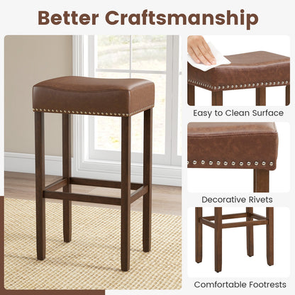 Elegant Upholstered 29.5 Inch Bar Stools Set of 2 with Ergonomic Saddle Seat and Footrests, Brown