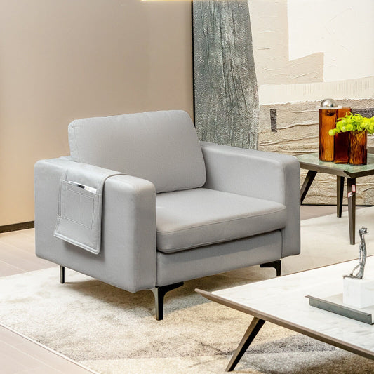 Ergonomic Accent Chair with Side Storage and Cushioned Seat, Light Grey
