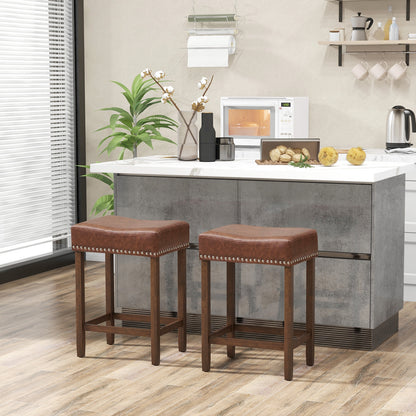 Elegant Upholstered 24 Inch Bar Stools Set of 2 with Ergonomic Saddle Seat and Footrests, Brown