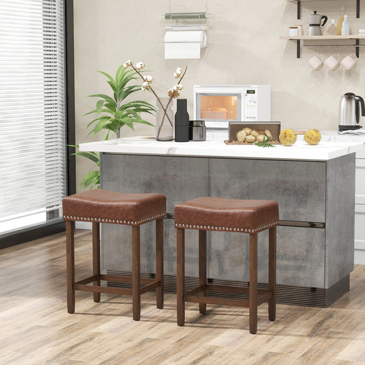 Elegant Upholstered 24 Inch Bar Stools Set of 2 with Ergonomic Saddle Seat and Footrests, Brown