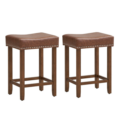 Elegant Upholstered 24 Inch Bar Stools Set of 2 with Ergonomic Saddle Seat and Footrests, Brown