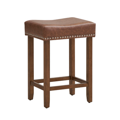 Elegant Upholstered 24 Inch Bar Stools Set of 2 with Ergonomic Saddle Seat and Footrests, Brown