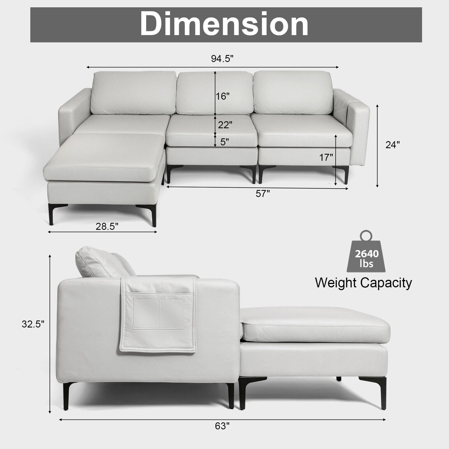 Modular L-Shaped Sectional Sofa with Reversible Chaise, Built-In USB Ports - Light Grey