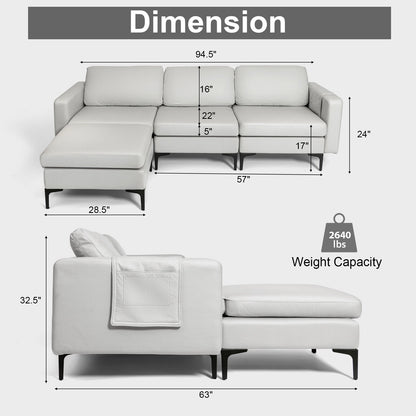 Modular L-Shaped Sectional Sofa with Reversible Chaise, Built-In USB Ports - Light Grey