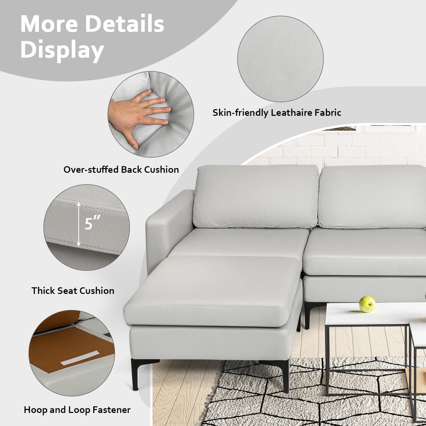 Modular L-Shaped Sectional Sofa with Reversible Chaise, Built-In USB Ports - Light Grey