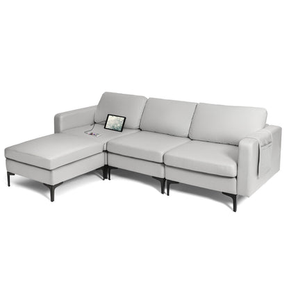 Modular L-Shaped Sectional Sofa with Reversible Chaise, Built-In USB Ports - Light Grey