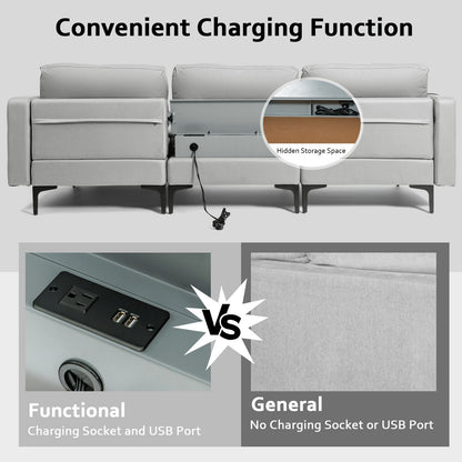 Modular L-Shaped Sectional Sofa with Reversible Chaise, Built-In USB Ports - Light Grey
