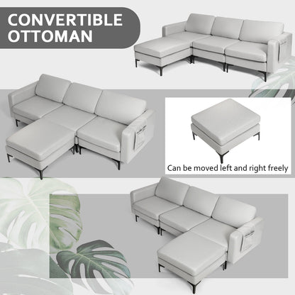 Modular L-Shaped Sectional Sofa with Reversible Chaise, Built-In USB Ports - Light Grey