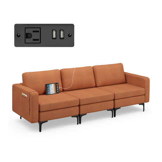 3 Seat Convertible Sofa with Built-in USB Ports and Side Pockets for Storage - Orange