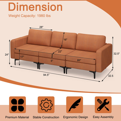 3 Seat Convertible Sofa with Built-in USB Ports and Side Pockets for Storage - Orange