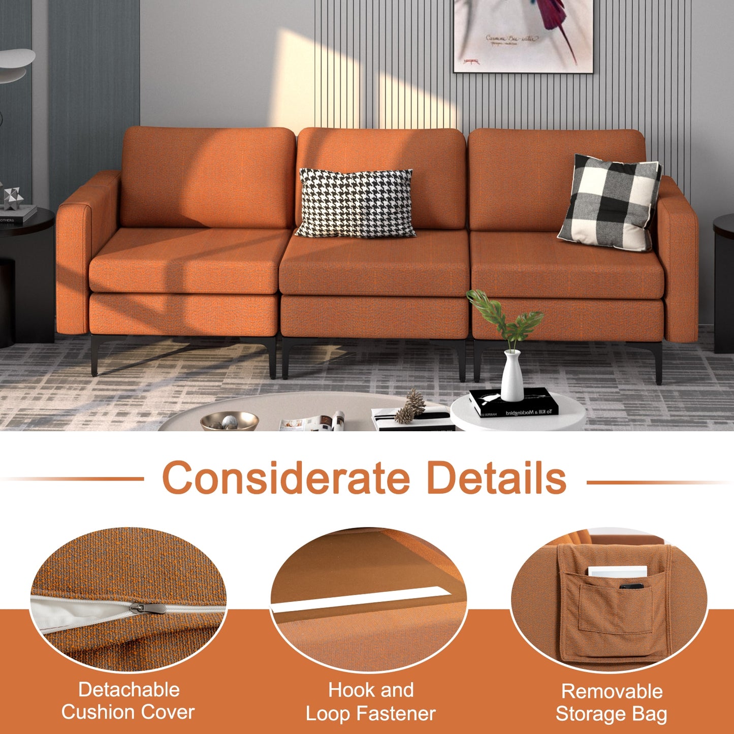 3 Seat Convertible Sofa with Built-in USB Ports and Side Pockets for Storage - Orange