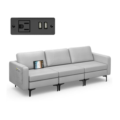 3 Seat Convertible Sofa with Built-in USB Ports and Side Pockets for Storage - Light Grey