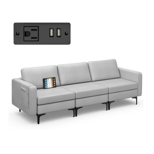 3 Seat Convertible Sofa with Built-in USB Ports and Side Pockets for Storage - Light Grey