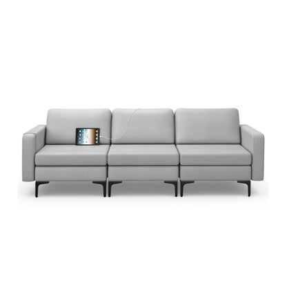 3 Seat Convertible Sofa with Built-in USB Ports and Side Pockets for Storage - Light Grey