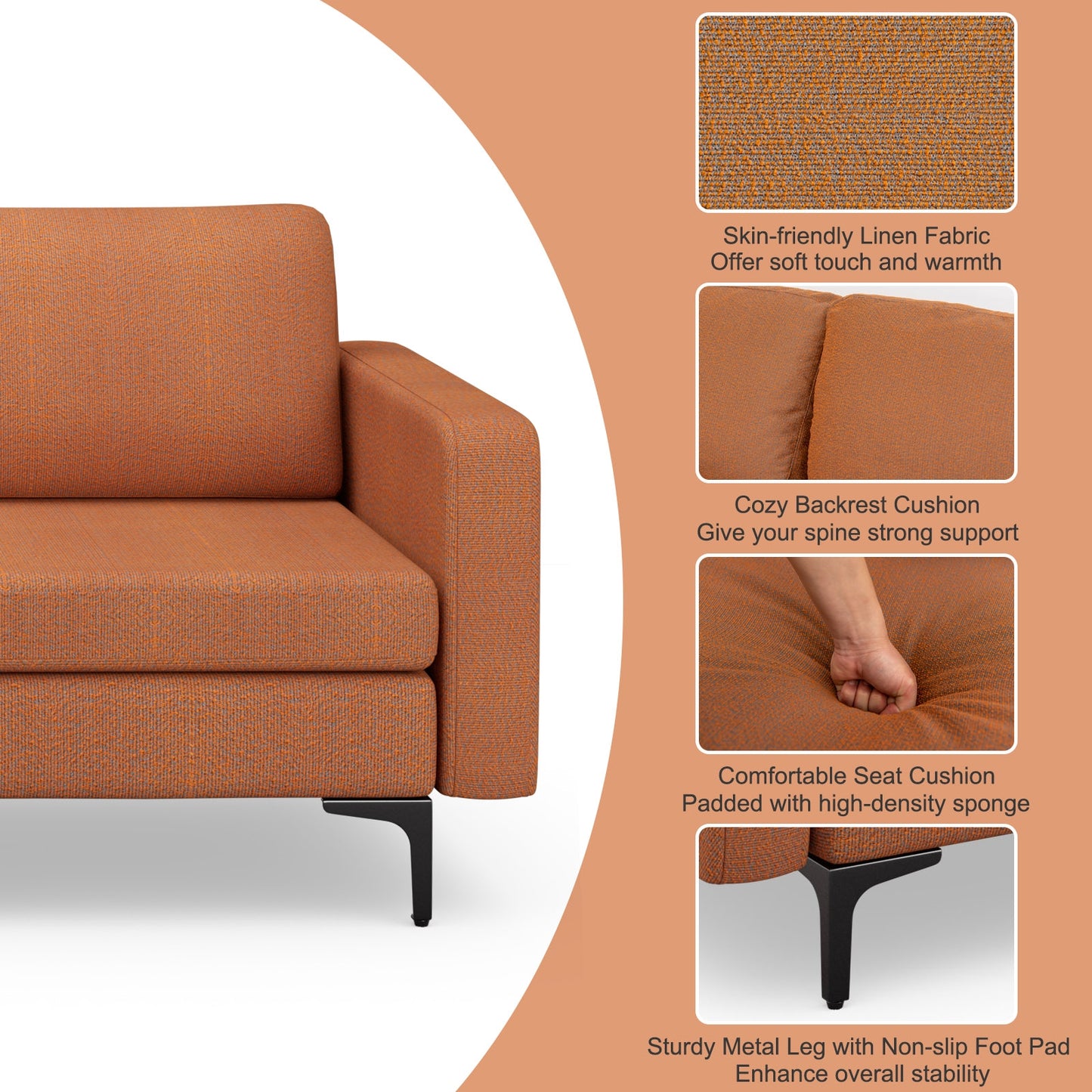 3 Seat Convertible Sofa with Built-in USB Ports and Side Pockets for Storage - Orange