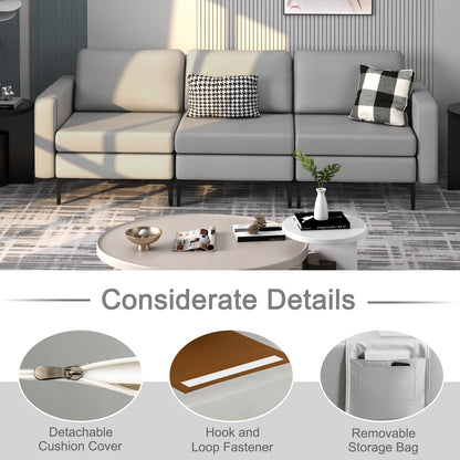 3 Seat Convertible Sofa with Built-in USB Ports and Side Pockets for Storage - Light Grey