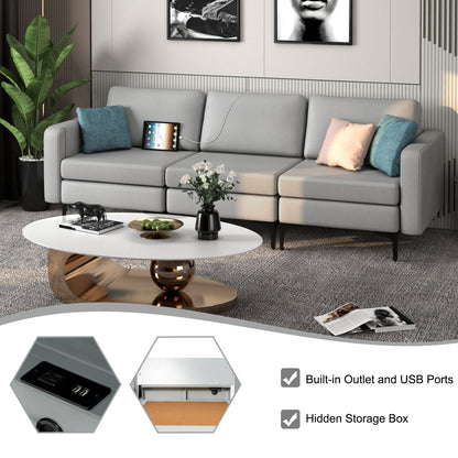 3 Seat Convertible Sofa with Built-in USB Ports and Side Pockets for Storage - Light Grey