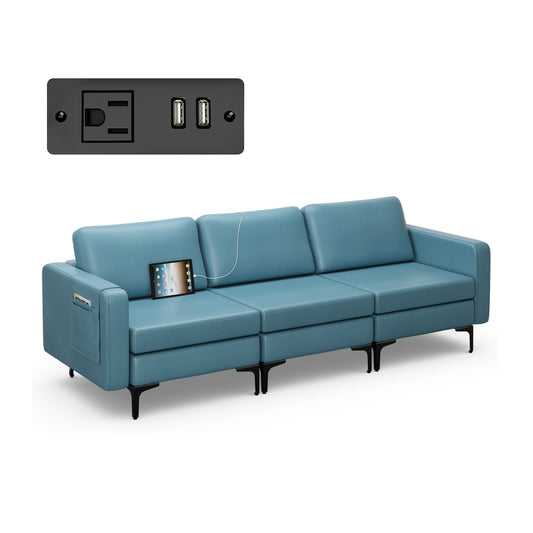 3 Seat Convertible Sofa with Built-in USB Ports and Side Pockets for Storage - Blue