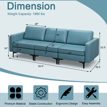 3 Seat Convertible Sofa with Built-in USB Ports and Side Pockets for Storage - Blue