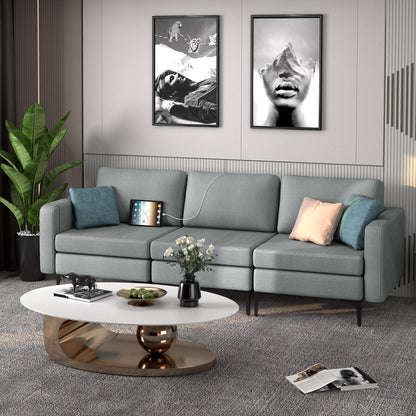 3 Seat Convertible Sofa with Built-in USB Ports and Side Pockets for Storage - Dark Grey