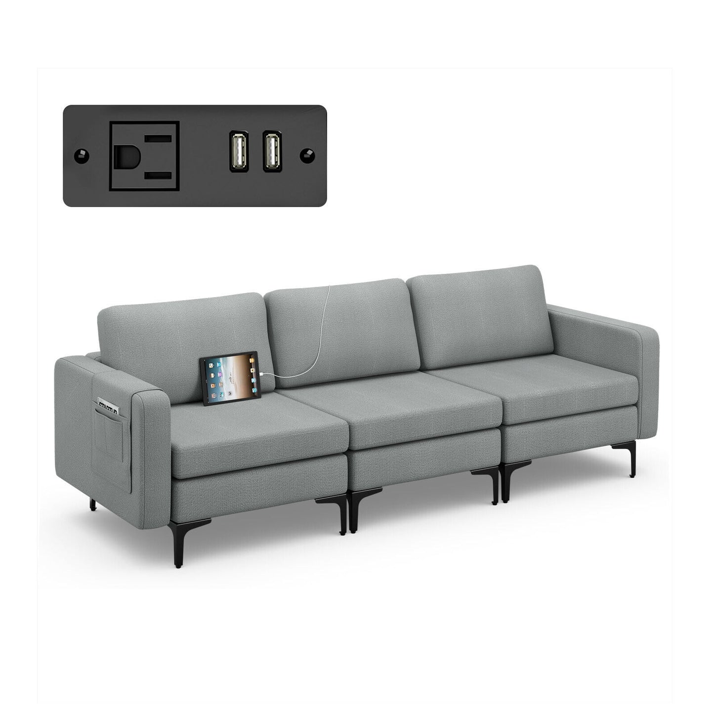 3 Seat Convertible Sofa with Built-in USB Ports and Side Pockets for Storage - Dark Grey