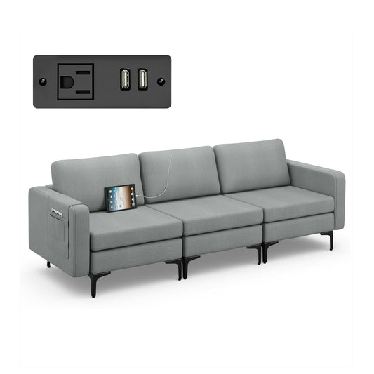 3 Seat Convertible Sofa with Built-in USB Ports and Side Pockets for Storage - Dark Grey