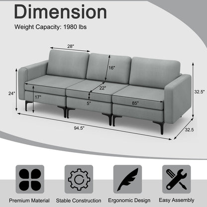 3 Seat Convertible Sofa with Built-in USB Ports and Side Pockets for Storage - Dark Grey