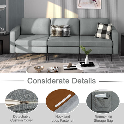3 Seat Convertible Sofa with Built-in USB Ports and Side Pockets for Storage - Dark Grey