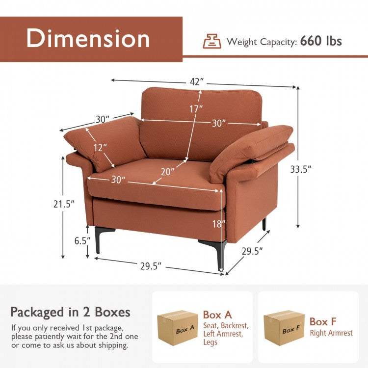 Modern Fabric Accent Chair with Cushioned Armrests and Spring Support - Rust Red