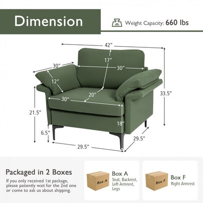 Modern Fabric Accent Chair with Cushioned Armrests and Spring Support - Army Green